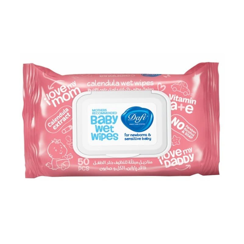 دستمال مرطوب کودک مناسب پوست های حساس حاوی کالاندولا دافی 50 عددی صورتی