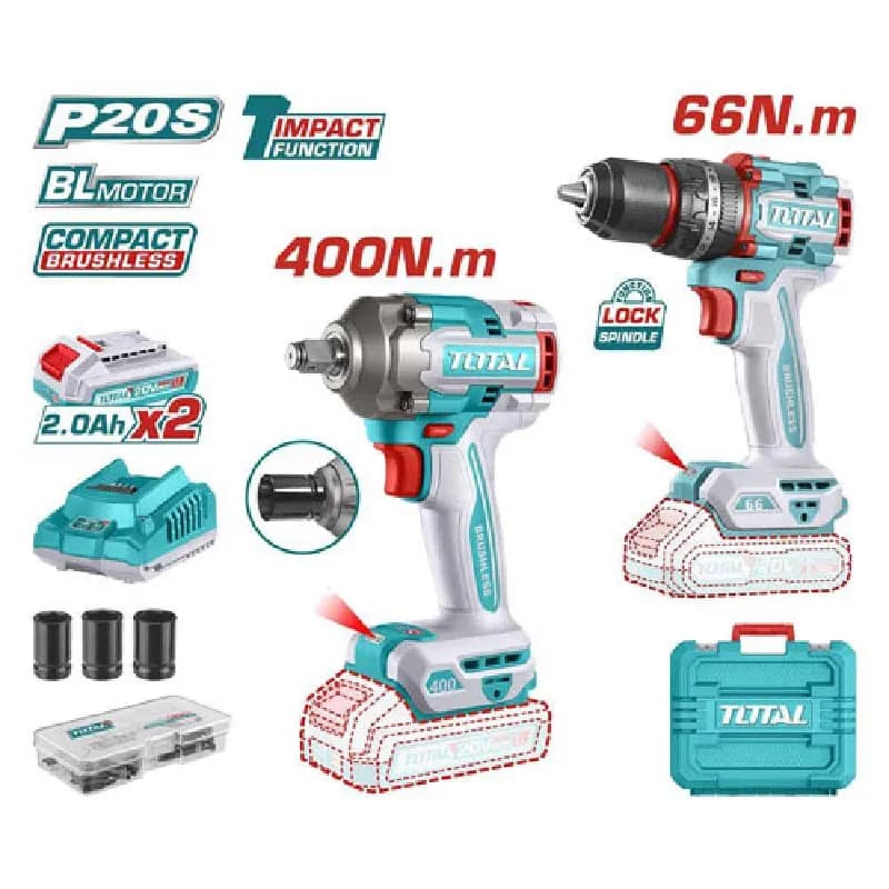 پک دوقلو ‌دریل شارژی ۲۰ ولت با بکس شارژی ۴۰۰ نیوتن براشلس