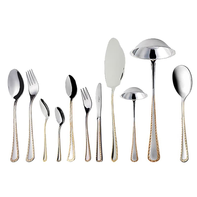 سرویس قاشق و چنگال 18 نفره ناب استیل طرح برلین دور طلایی (86 پارچه)