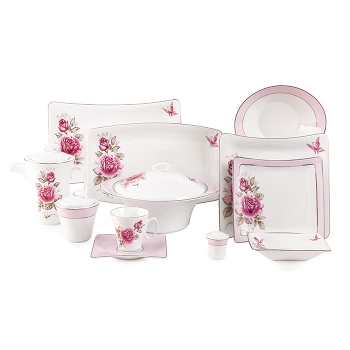 سرویس چینی زرین 12 نفره کامل رزفلاور پلاتینی وینچی (97 پارچه)