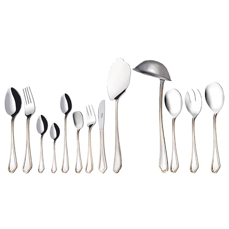 سرویس قاشق و چنگال 18 نفره ناب استیل طرح ونیز دور طلایی (116 پارچه)