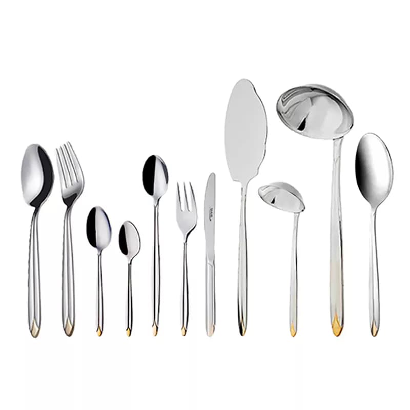 سرویس قاشق و چنگال 18 نفره ناب استیل طرح پالرمو دور طلایی (86 پارچه) بعلاوه کنسول چوبی