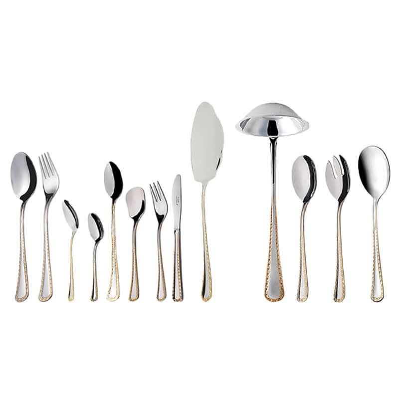 سرویس قاشق و چنگال 18 نفره ناب استیل طرح برلین دور طلایی (116 پارچه)