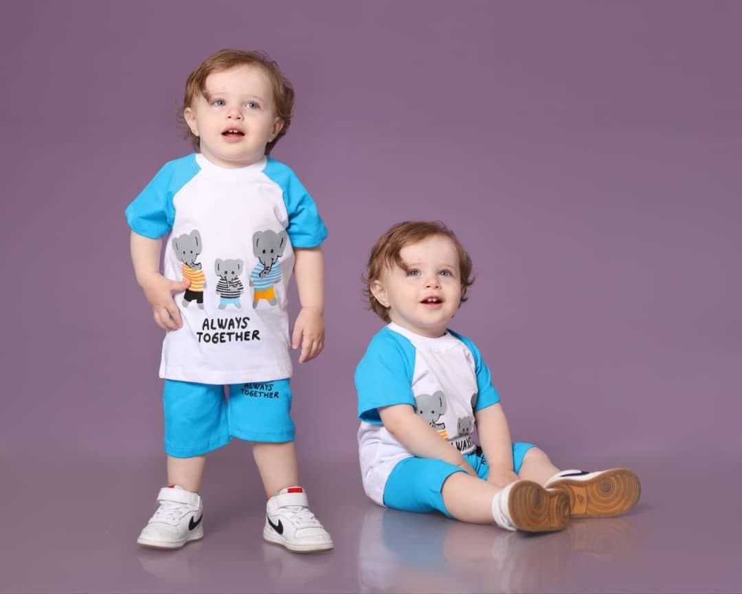 ست تیشرت و شلوارک نخی نوزادی چاپ فیل | مناسب ۳ تا ۱۸ ماه | پارچه نرم و لطیف