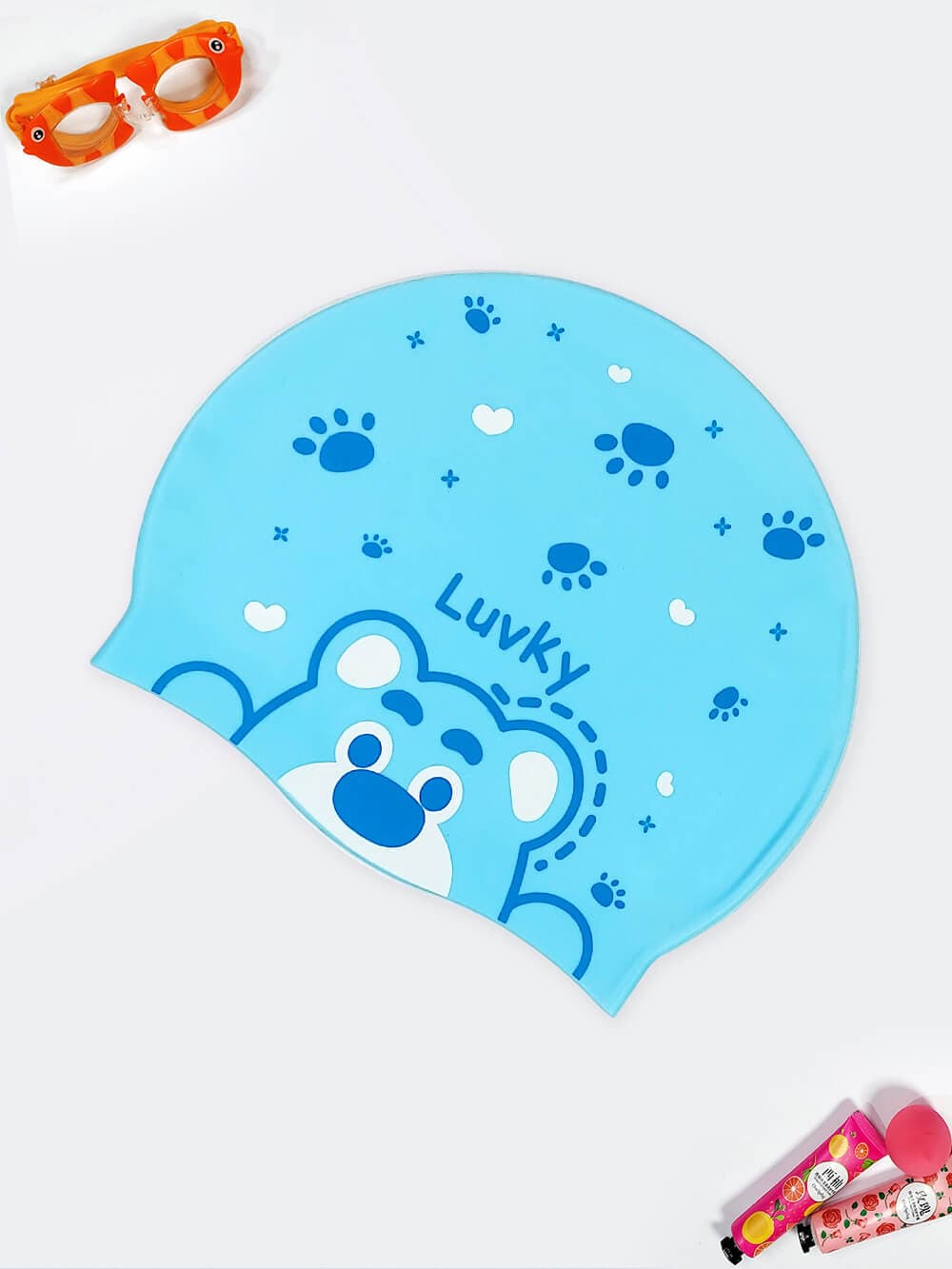 کلاه شنا بچه گانه عروسکی و فانتزی آبی رنگ سیلیکونی دخترانه زیبا و خوشگل