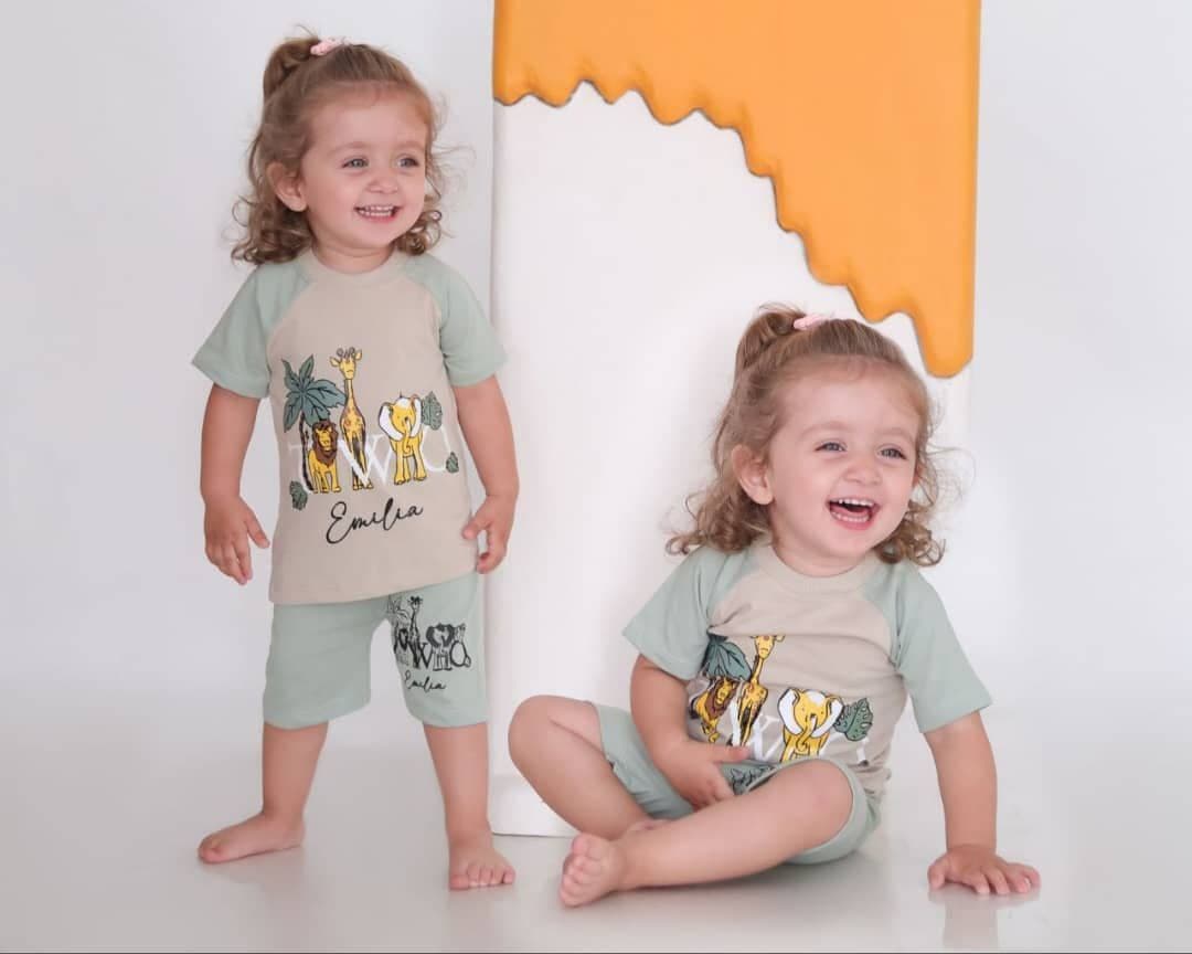 ست تیشرت و شلوارک نخی نوزادی چاپ حیوانات | مناسب ۳ تا ۱۸ ماه | پارچه نرم و لطیف