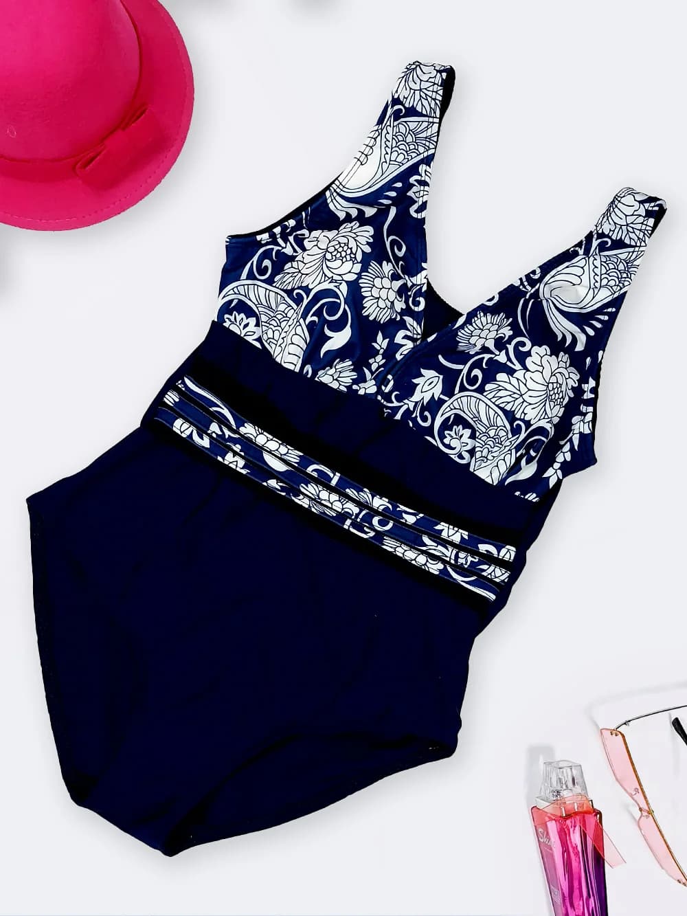 مایو شیک کمر شیشه ای زنانه شیک در مدل اسلیپ کاپدار اسپیدو ( Speedo ) سرمه ای