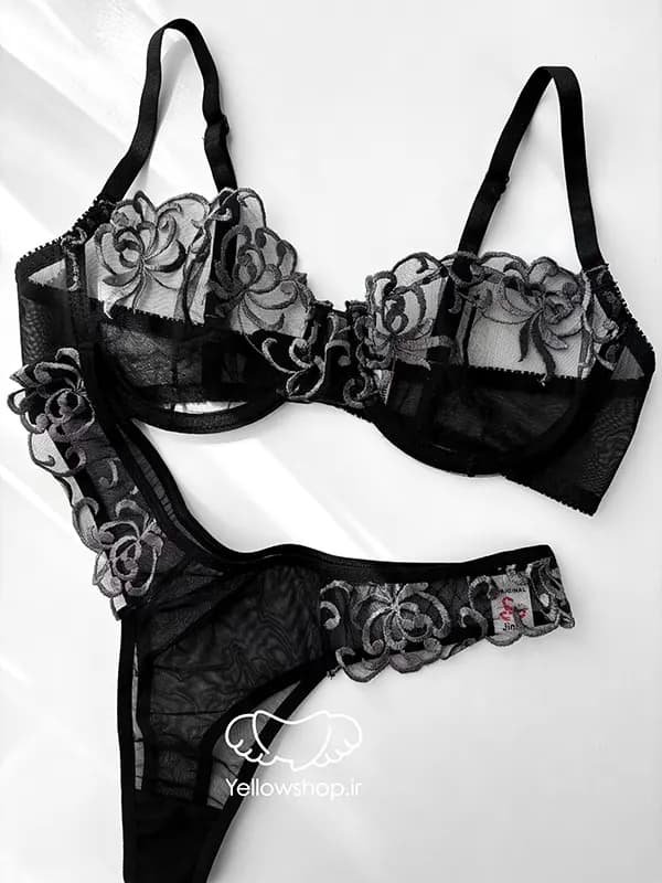 ست توری گیپوری گلدار مشکی Jina کد 25152