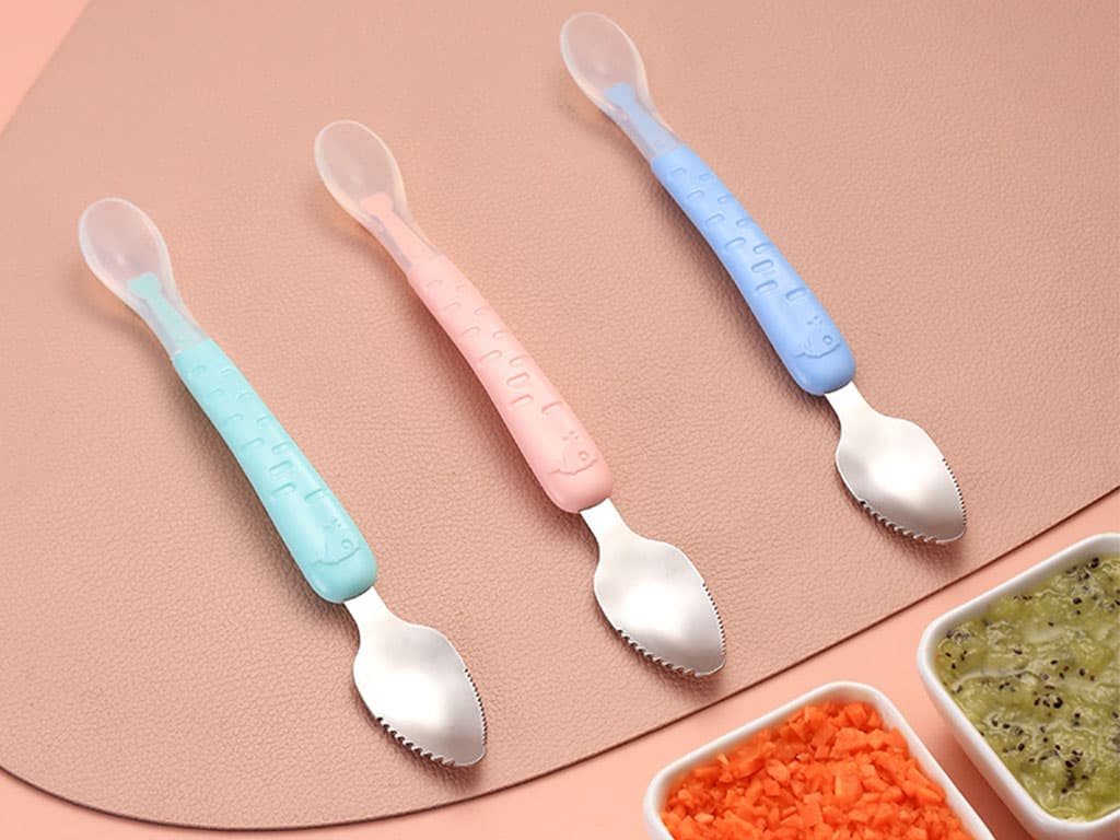 قاشق دو طرفه و پوره کن نوزادی ترکیب سیلیکون و استیل طرح دلفین