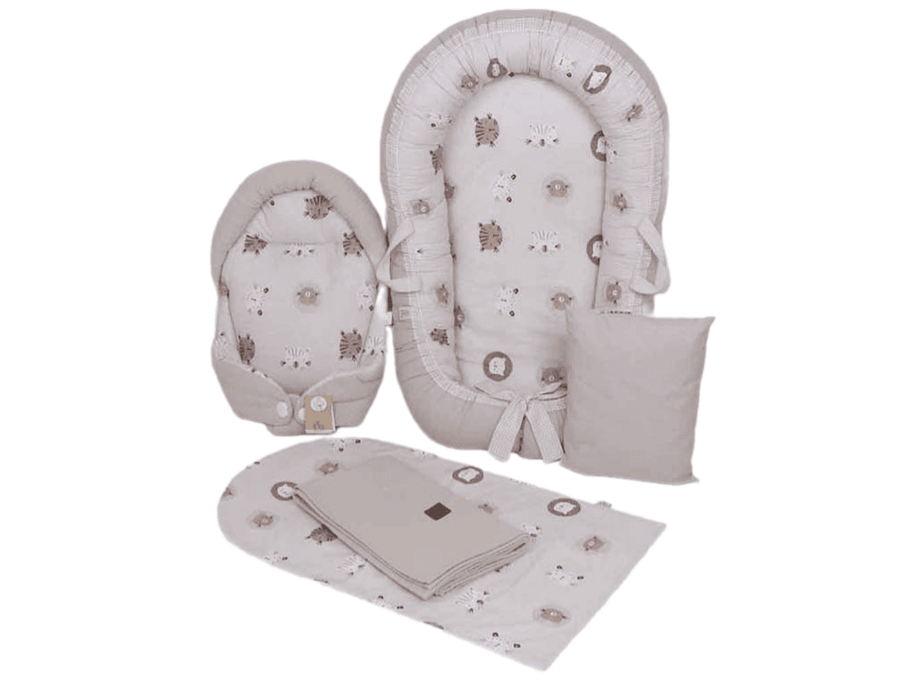 ست تشک لبه دار و آغوشگیر (قنداق سوئیسی) با بالشت و روانداز و زیرانداز تعویض طرح گربه نسکافه ای الا ELA