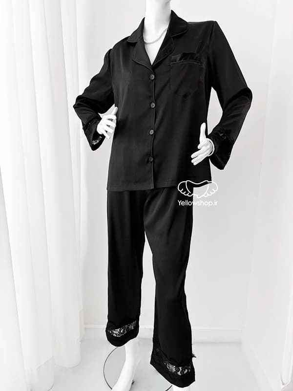 ست لباس خواب ساتن بلوز و شلوار زنانه مشکی EMA اما کد 27061