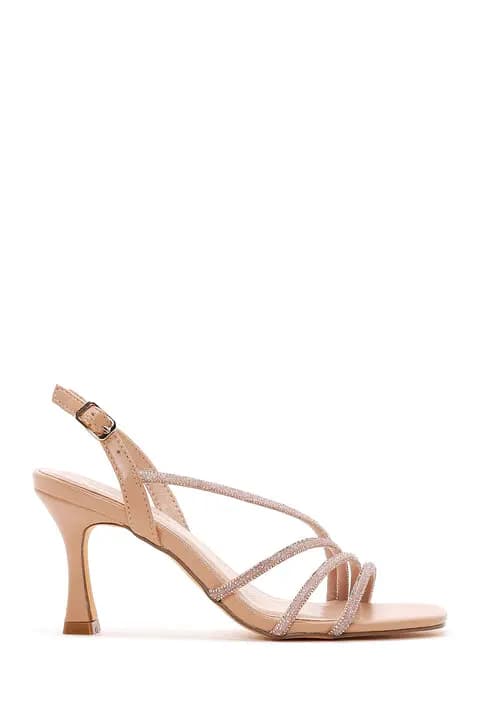 صندل نگین دار پاشنه نازک بژ زنانه دری مد