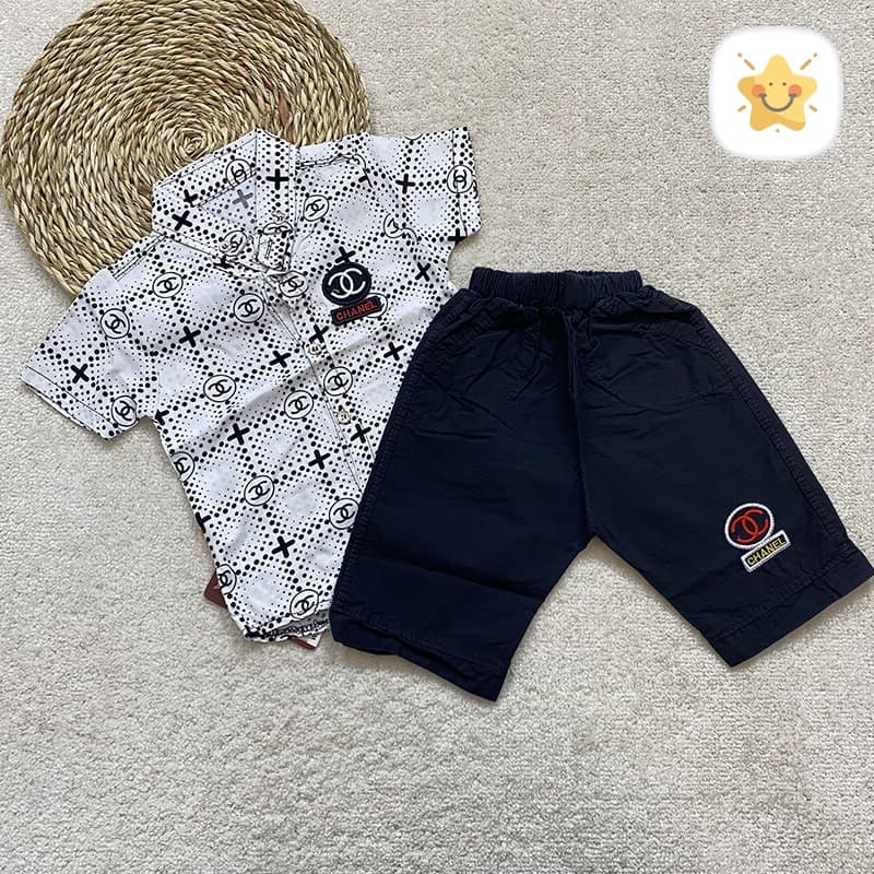 پیراهن نخی و شلوارک کتان پسرانه طرح CHANEL مناسب 1 تا 8 سال