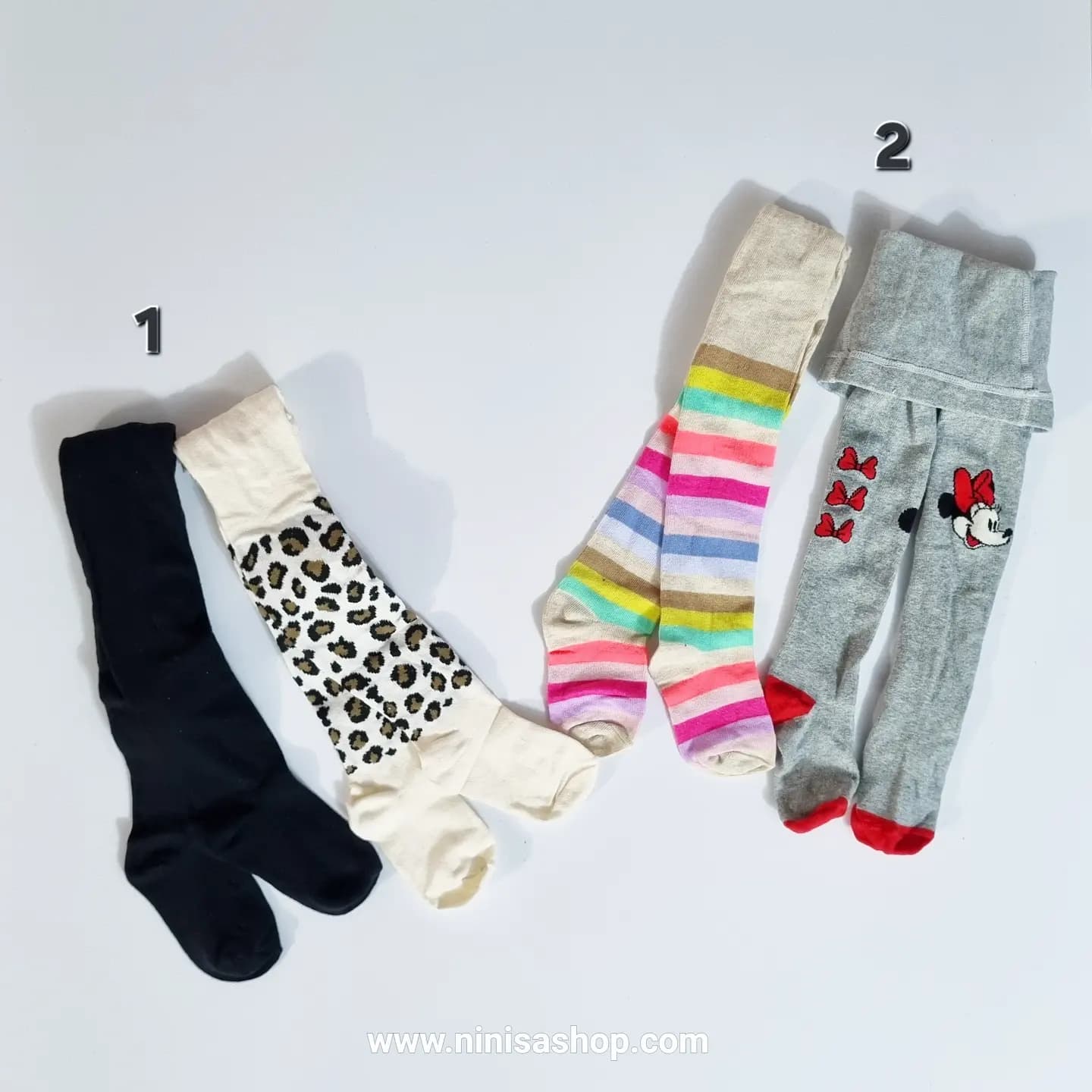 پک دو عددی جورابشلواری نخی چهارفصل دخترانه رنگ طوسی طرح مینی موس و رنگی رنگی و پلنگی و مشکی ساده برند اچ اند ام