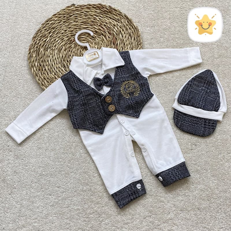 ست 2 تکه نوزادی سرهمی طرح جلیقه + کلاه برند SHAHIN