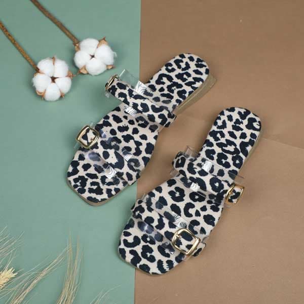 صندل زنانه مدل سگک پلنگی کرم