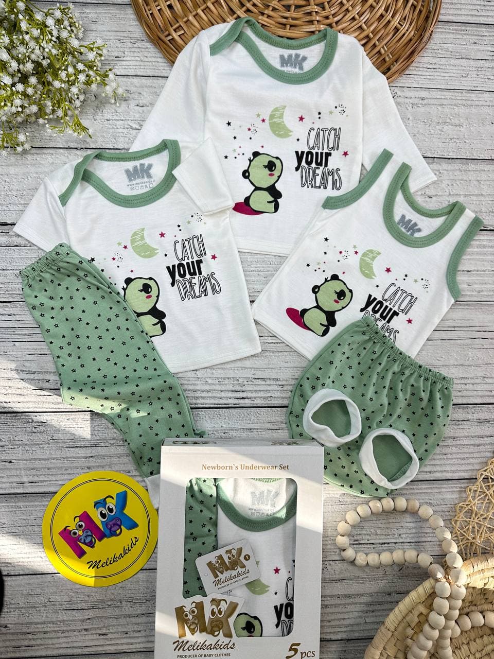 پنج تکه طرح پاندا سبز سدری نوزادی و کودک کد 117417