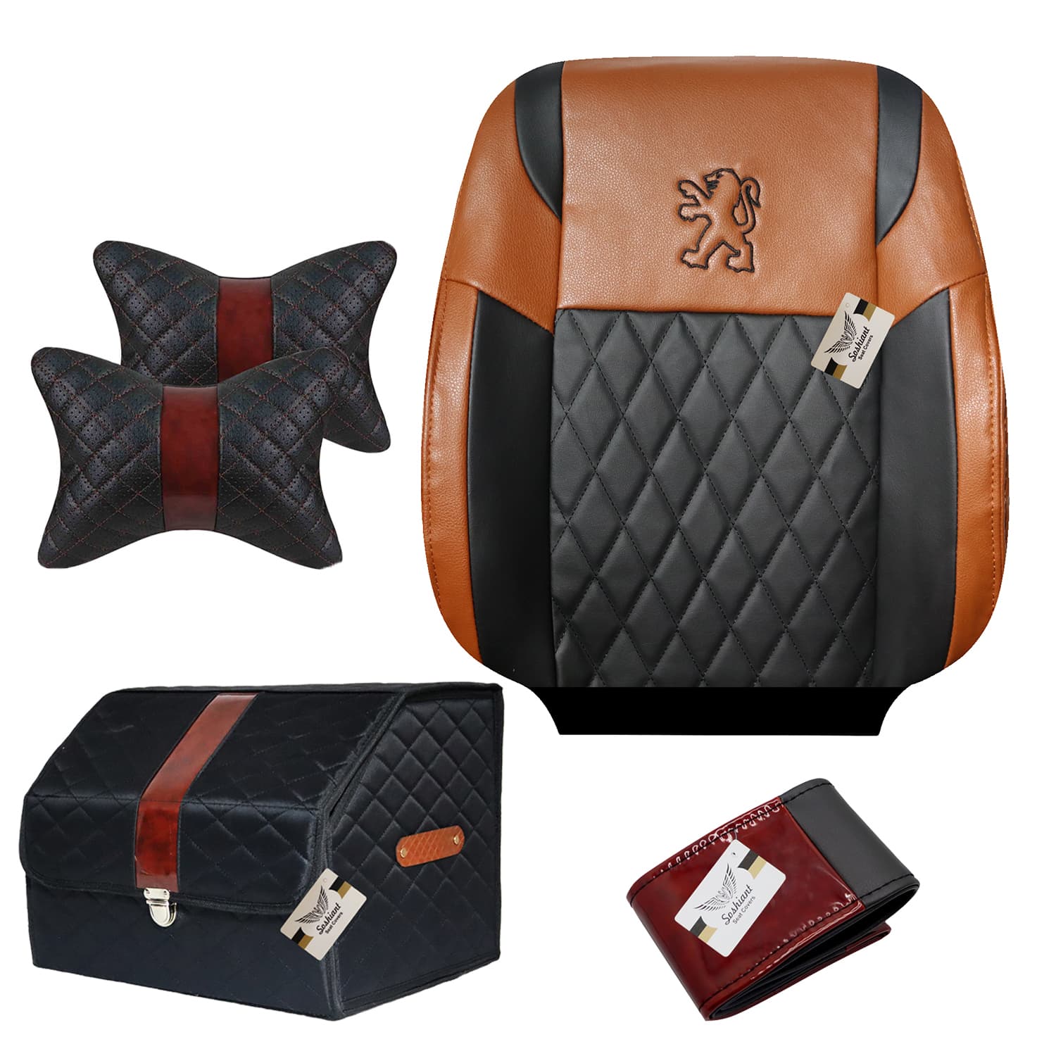 روکش صندلی پژو 405 صندلی جدید چرمی برند سوشیانت مدل کاج همراه با پشت گردنی و جعبه نظم دهنده و دور فرمان