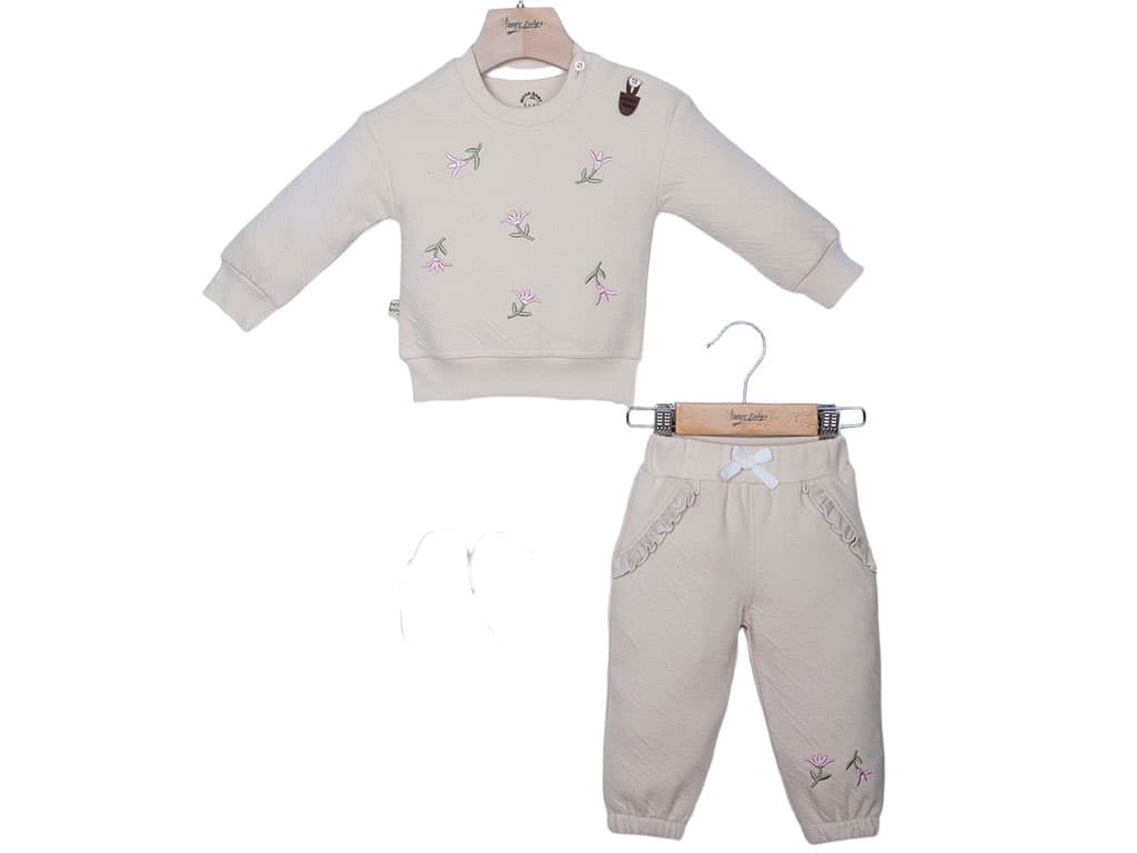 بلوز و شلوار دخترانه رنگ کرم طرح گل های گلدوزی شده آی نور بیبی inoor baby