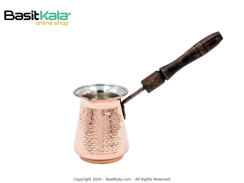 قهوه جوش (جذوه) مسی بلند چکش کاری شده دسته چوبی 2 کاپ