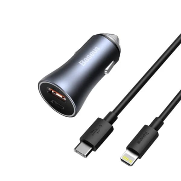 شارژر فندکی 40 وات دو پورت همراه با کابل باسئوس مدل Golden Contactor CCJDZ-CX