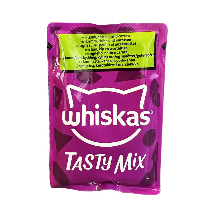 پوچ گربه ویسکاس تیستی میکس با طعم گوشت بره، مرغ و هویج در سس وزن 85 گرم