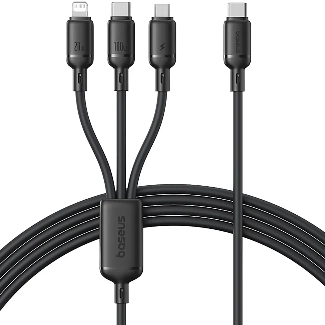 کابل شارژ چندکاره سه سر تایپ‌سی به تایپ سی، لایتنینگ و میکرو یو‌اس‌بی 100 وات 5 آمپر 1.5 متری بیسوس CB000166