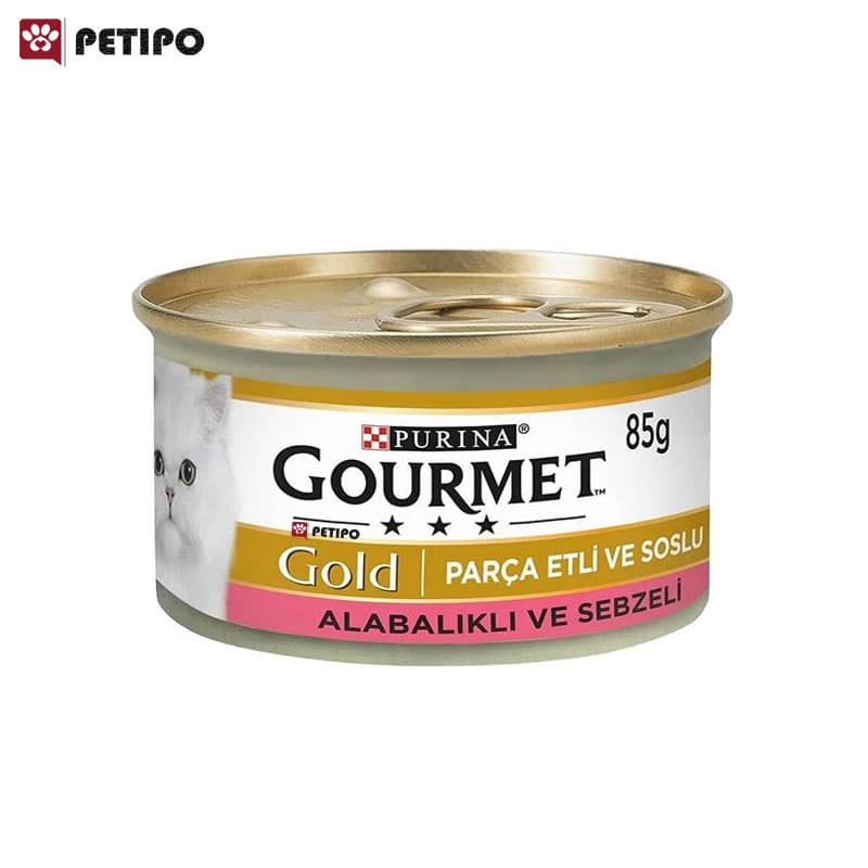 کنسرو گربه گورمه گلد چانک با طعم قزل آلا و سبزیجات (Gourmet Gold Chunks in Gravy Salmon & Vegetables) وزن 85 گرم