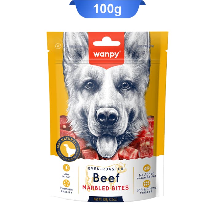تشویقی سگ ونپی تکه ای گوشت گاو وزن 100 گرم Wanpy Beef Marbled Bites