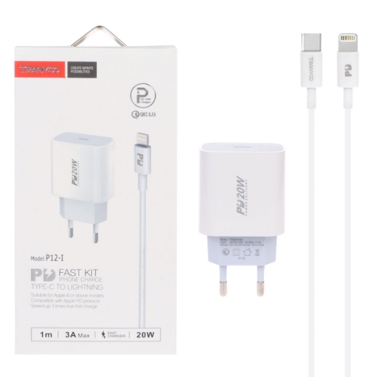 شارژر دیواری ترانیو مدل P12 به همراه کابل لایتنینگ