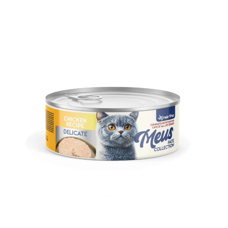 کنسرو غذای گربه مئوس مناسب پوست و گوارش حساس با طعم مرغ وزن 80 گرم