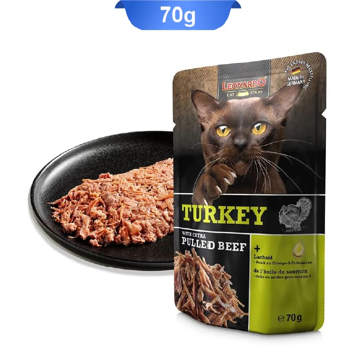 پوچ گربه لئوناردو طعم بوقلمون و گوشت وزن 70 گرم Leonardo Turkey & Pulled Beef