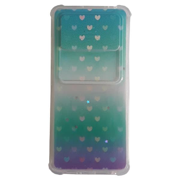 قاب سيليکون محافظ لنز کشويي برّاق طرح دار شیائومی Poco X3 طرح فیروزه ای قلب دار