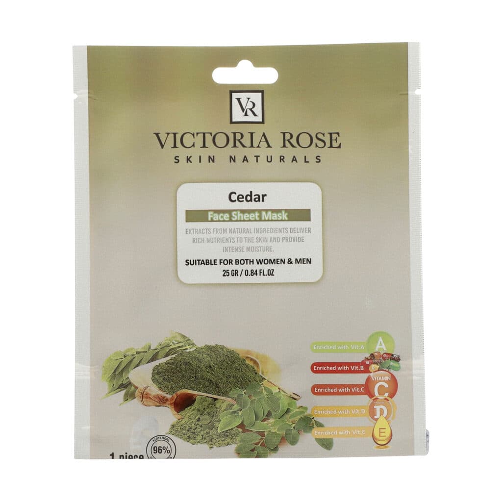 ماسک ورقه ای صورت ویکتوریا رز مدل سدر مناسب انواع پوست حجم 25 میلی لیتر
