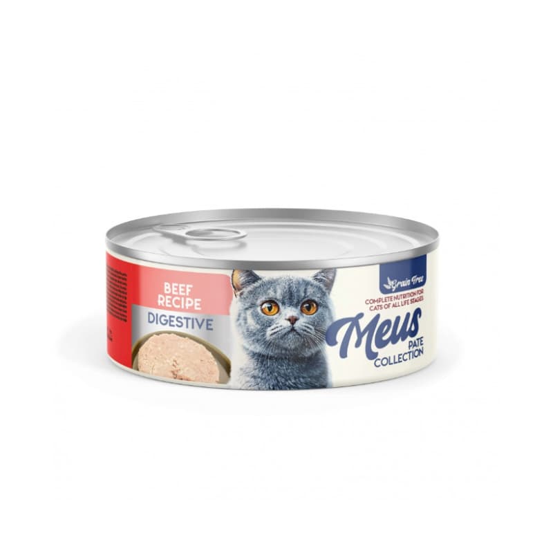 کنسرو غذای گربه مئوس مناسب سلامت گوارش Meus Digestive Beef Recipe وزن 80 گرم
