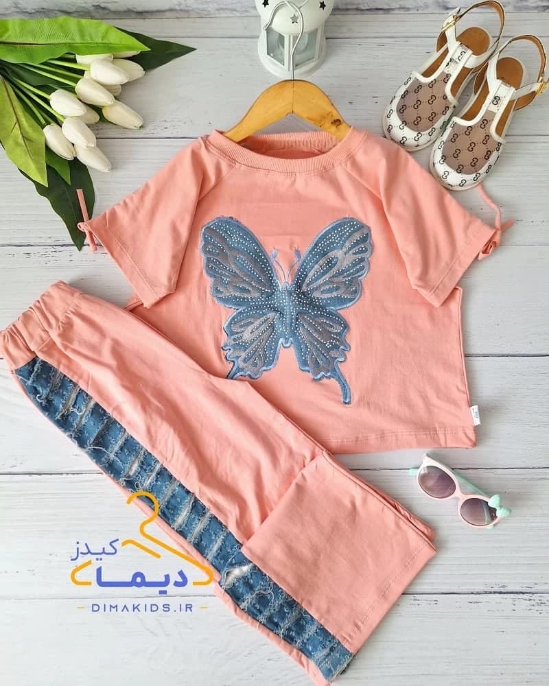 ست کراپ و شلوار صورتی طرح پروانه جین نگین دار