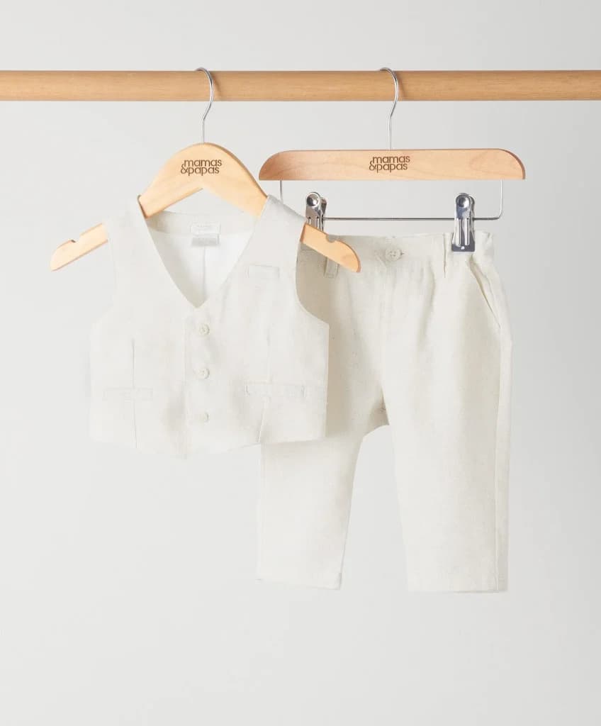 ست دو تیکه پسرانه لینن جلیقه و شلوار کرم‎‎