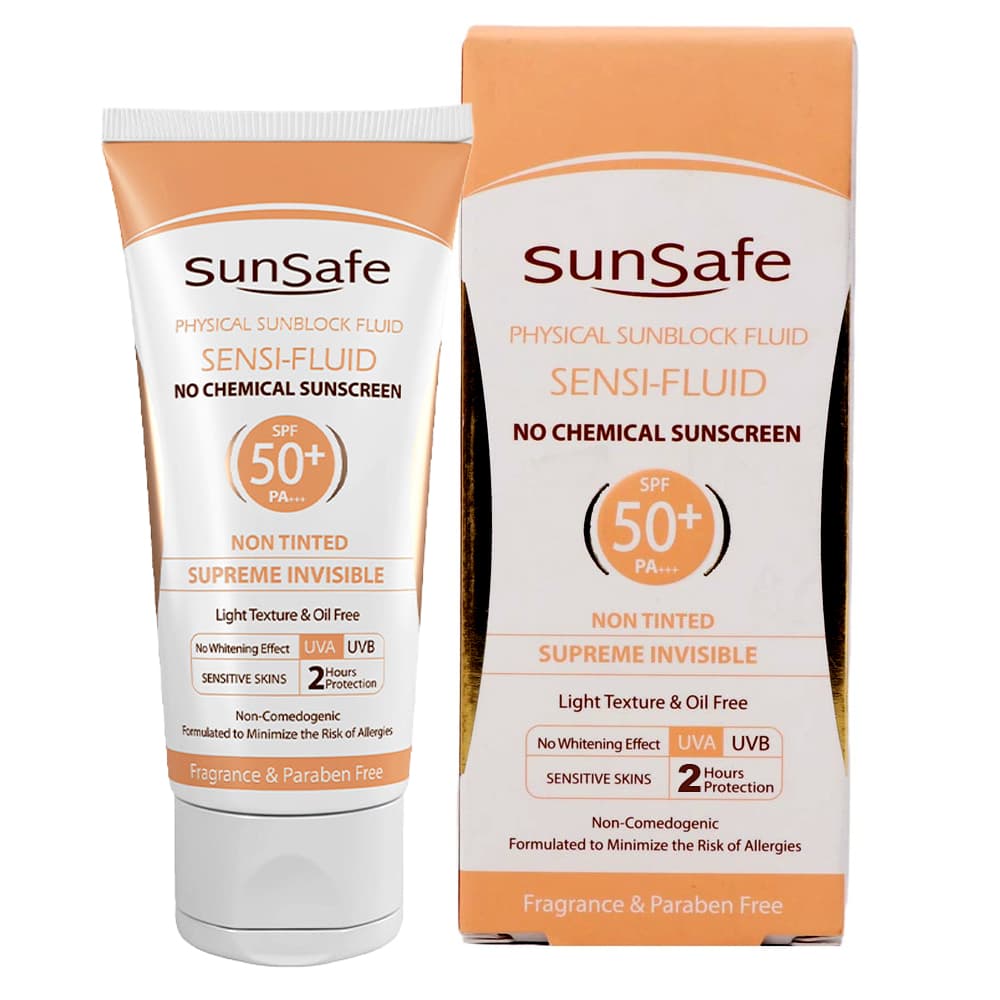 فلوئید ضد آفتاب فیزیکال بی رنگ اس پی اف 50 مناسب پوست های حساس 50 میل ـ سان سیف