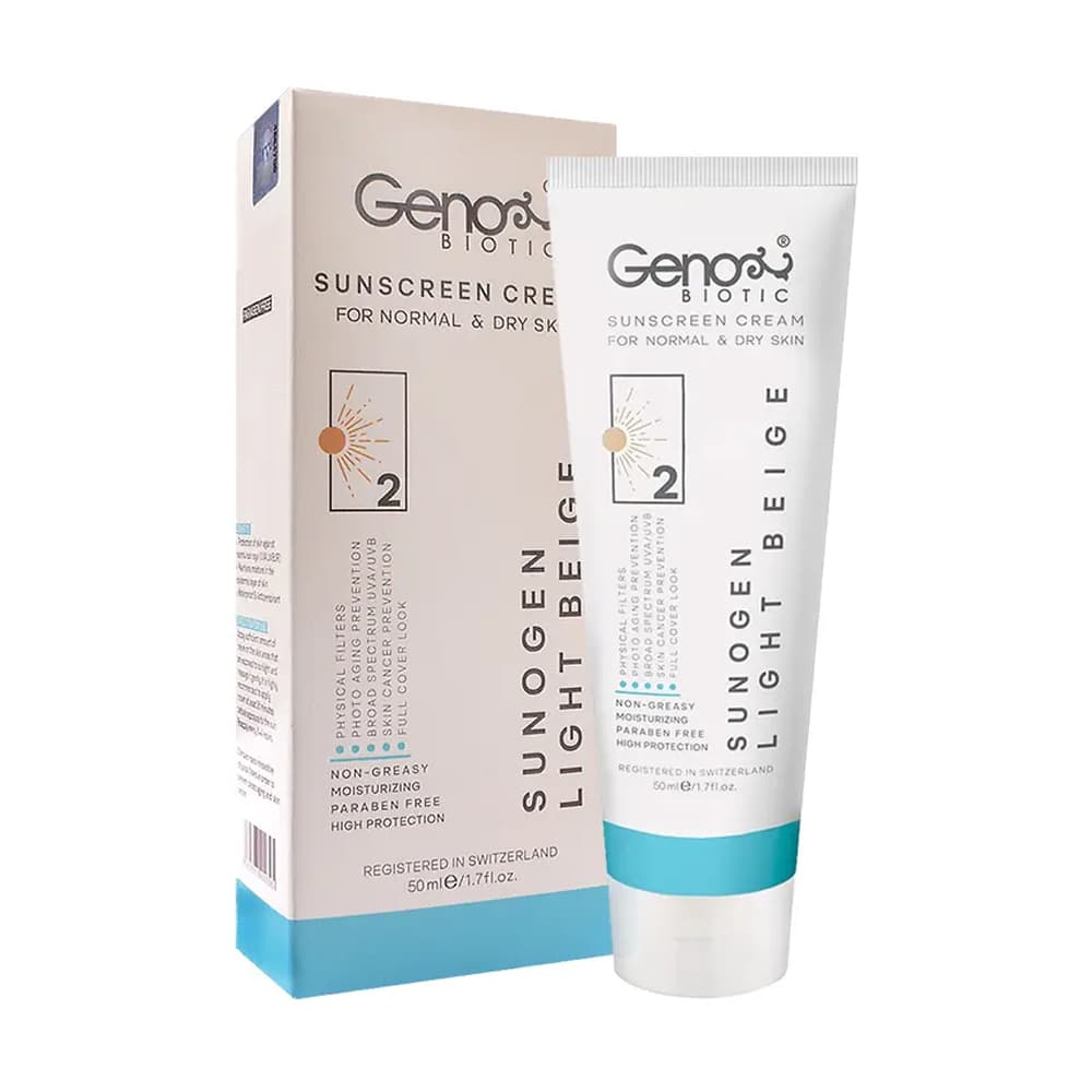 کرم ضد آفتاب مناسب پوست های خشک و معمولی اس پی اف 50 بژ روشن 50 گرم ژنوبایوتیک