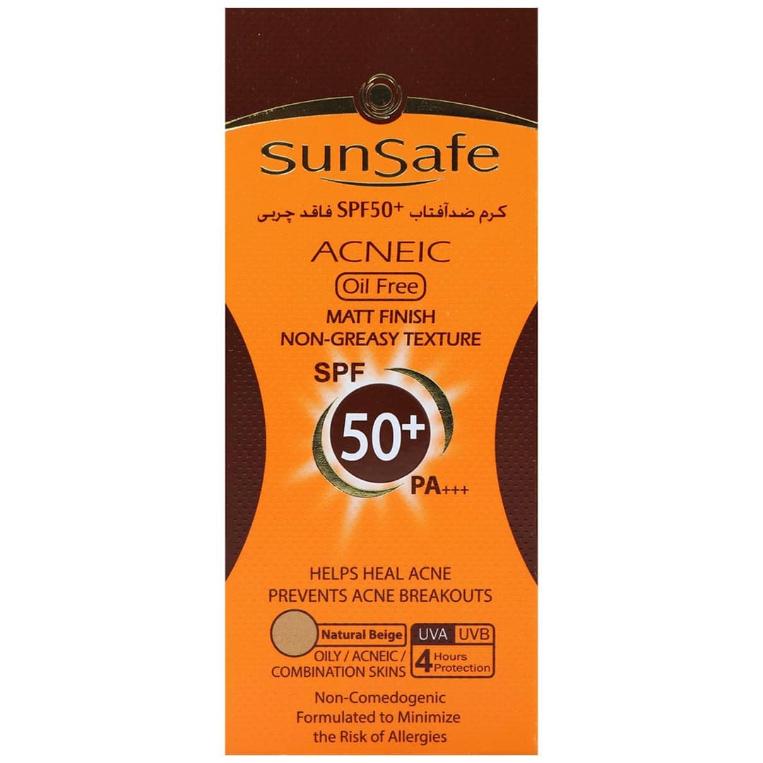 کرم ضد آفتاب فاقد چربی رنگی بژ طبیعی SPF 50 مناسب پوست های چرب و آکنه ای 50 میل سان سیف
