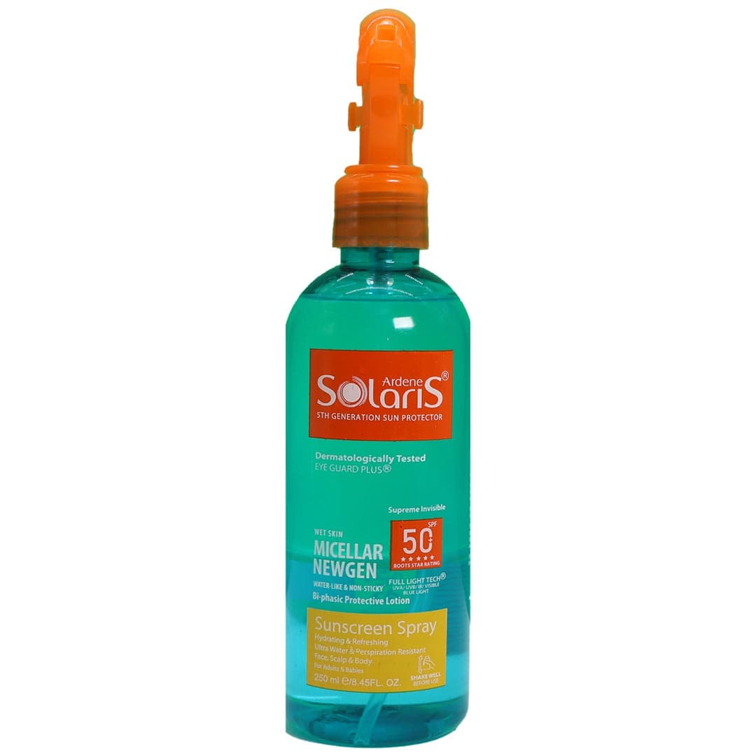 اسپری لوسیون دوفازی ضد آفتاب نیوژن +spf50 اردن سولاریس مدل Micellar Newgen حجم 250 میلی لیتر