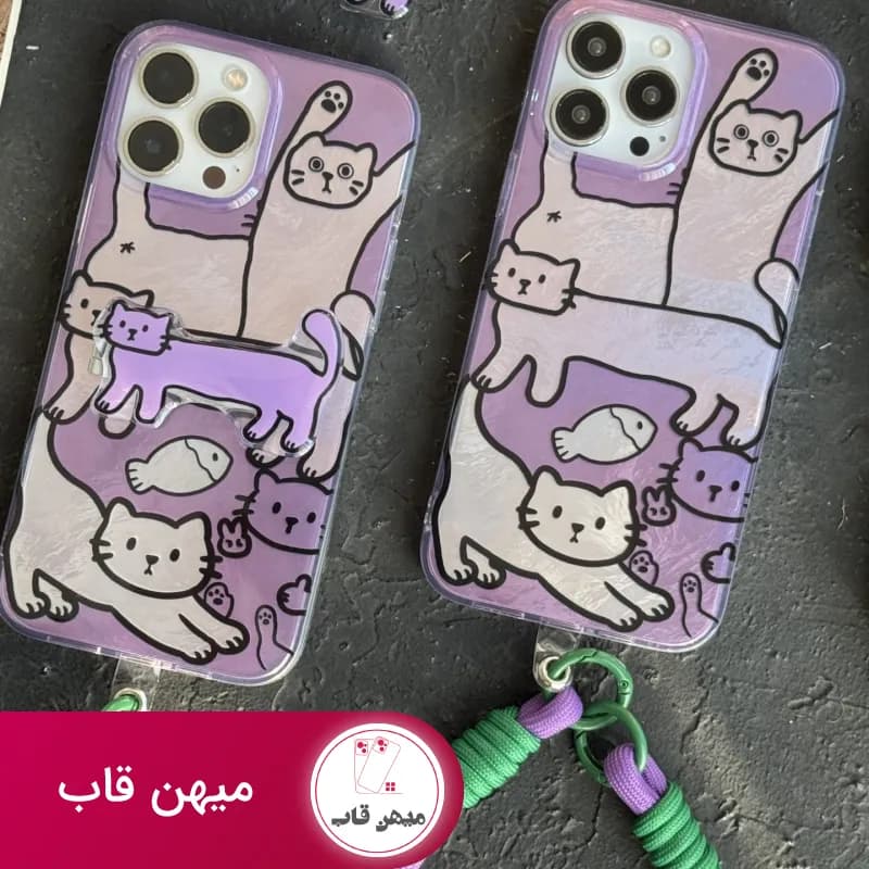 قاب موبایل آیفون گربه دراز سوسیسی بنفش پایه استندشو + بندست