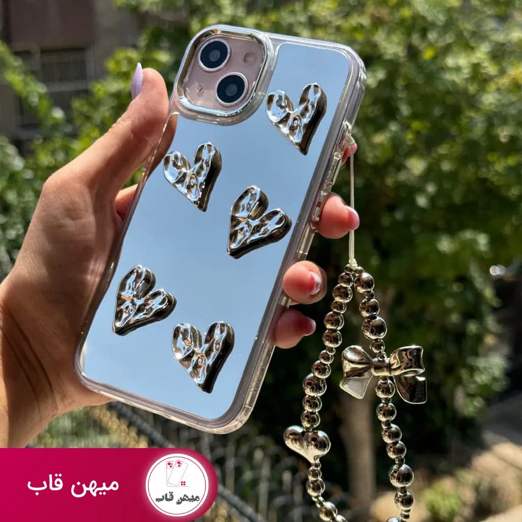 قاب گوشی آیفون آینه ای قلب کرومی با آویز - کد (۳۳۱۸۶)