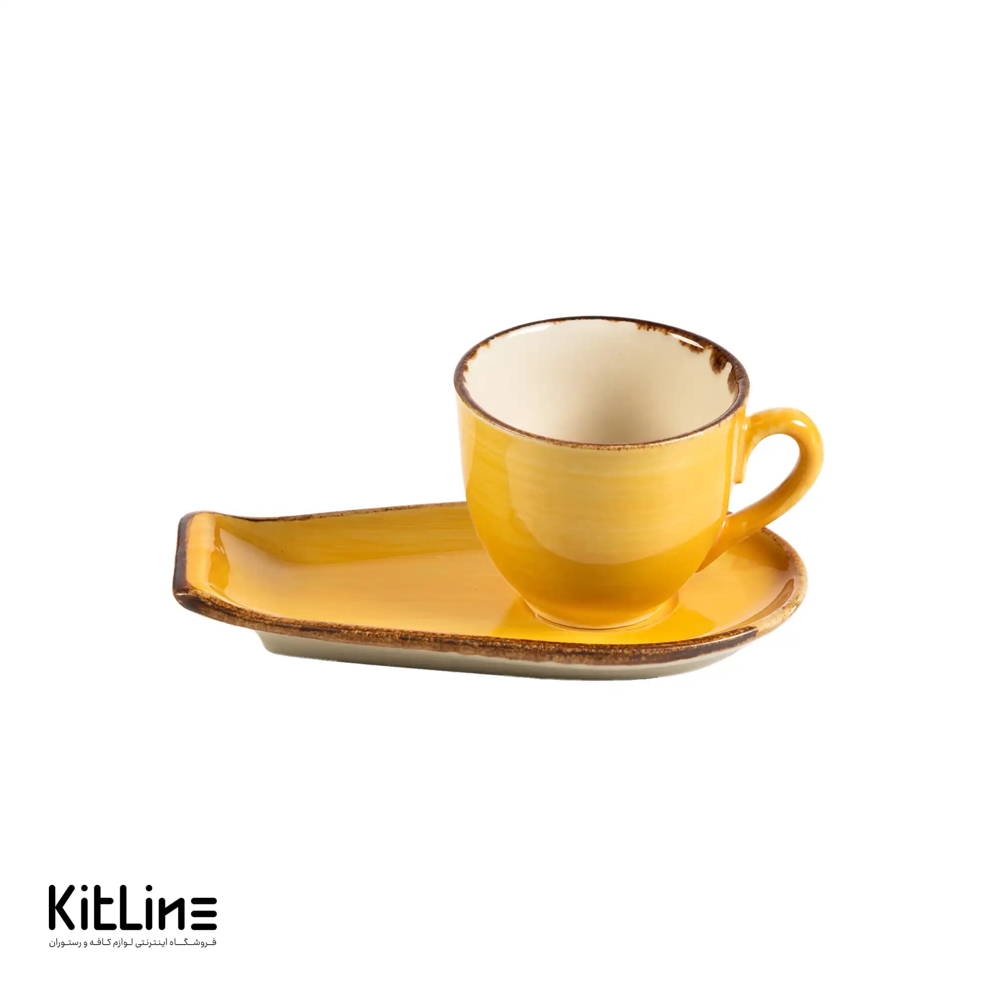 فنجان و نعلبکی سرامیکی ۱۸۰ میلی‌لیتری زرد و نارنجی باند دار کیچن تک