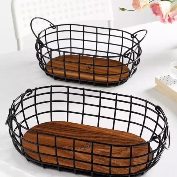 سبد میوه بیضی فلز چوب سالوت سایز بزرگ و کوچک