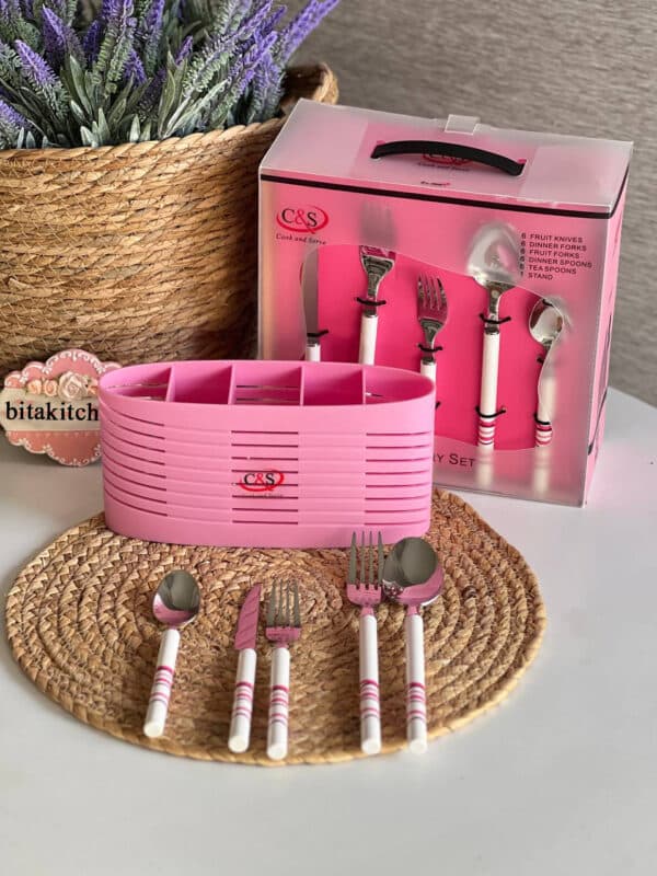 سرویس 31 پارچه قاشق و چنگال کارد C&S (طرح نوار رنگی) -رنگ صورتی