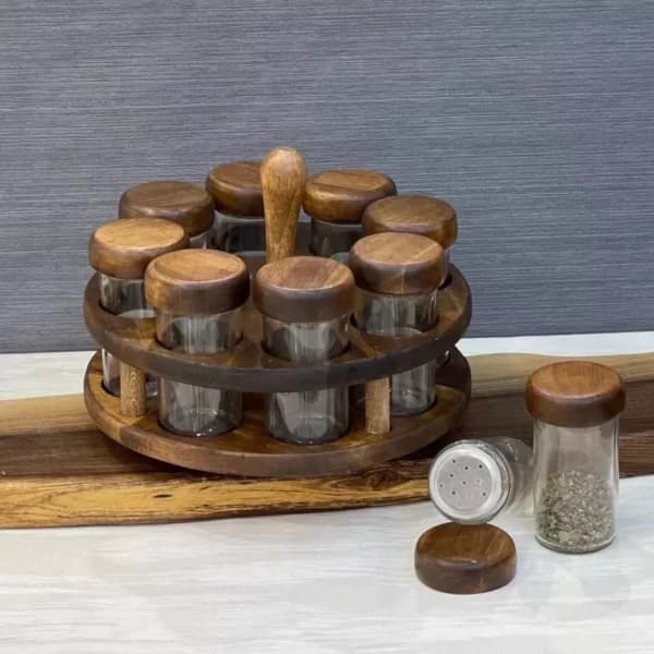 ست جا ادویه 8 عددی گردان چوبی رنگ تیره لوناوود کد 990820