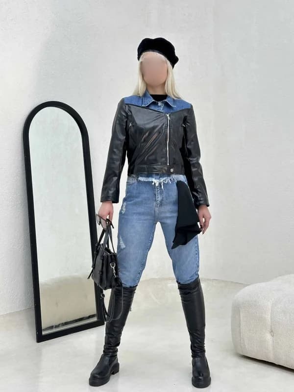 کت ترکیبی چرم و جین