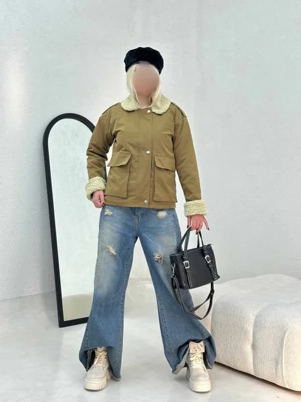 کاپشن یقه و آستین تدی B.e