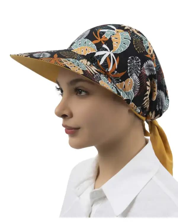 کلاه گره ای زنانه دورو مشکی خردلی تارتن Tartan طرح هاوایی برگی کد 1106187160